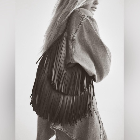 ZARA Black Faux Leather Fringe Shopper Hobo Handbag - Picture 2 of 11